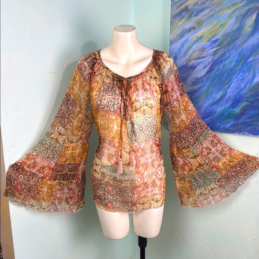 JOHNNY WAS silk tissue top paisley designs with bell sleeves medium